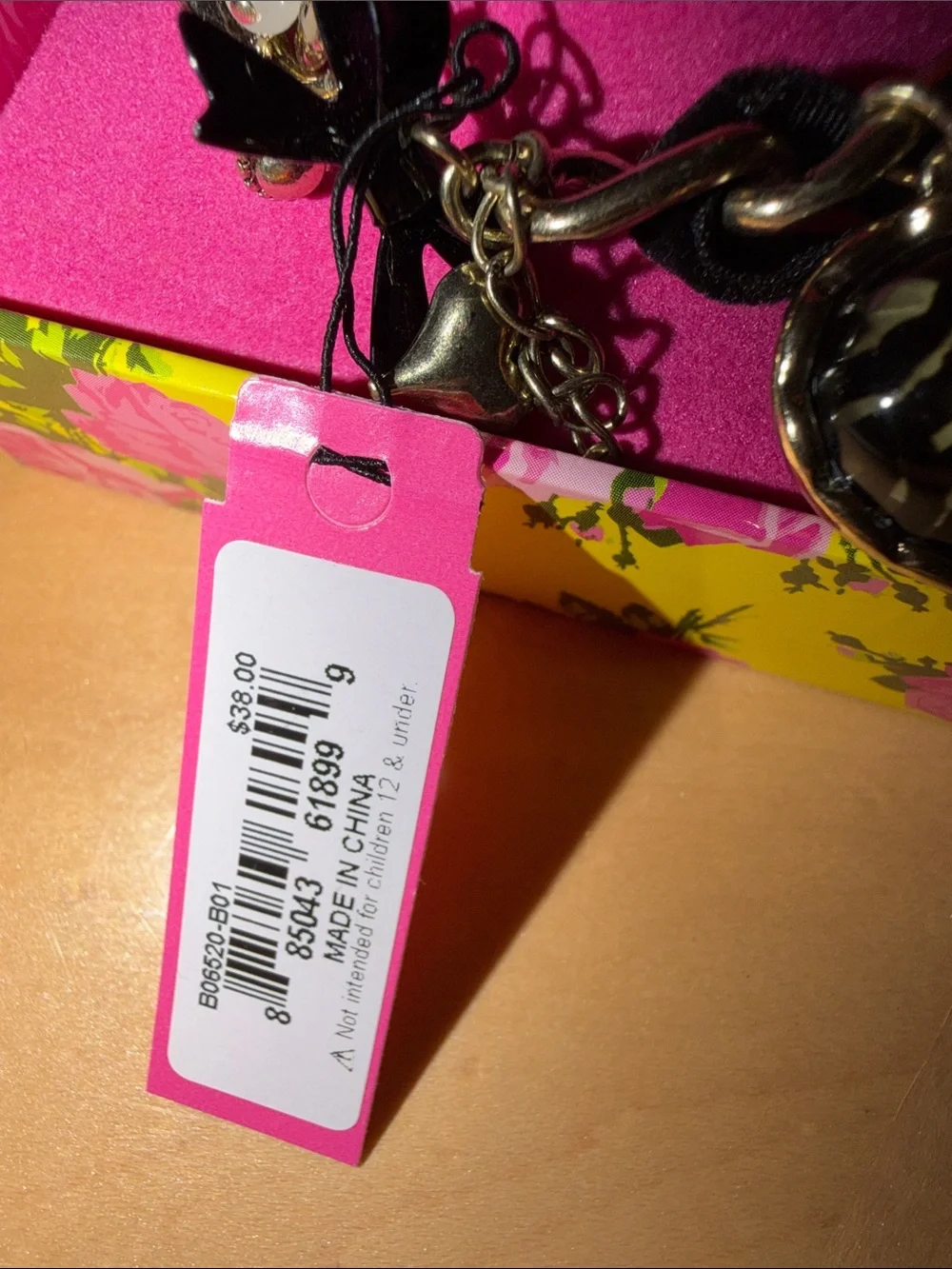 Betsey Johnson Gold-Tone Chain Bracelet with Pink and Zebra Heart Charms